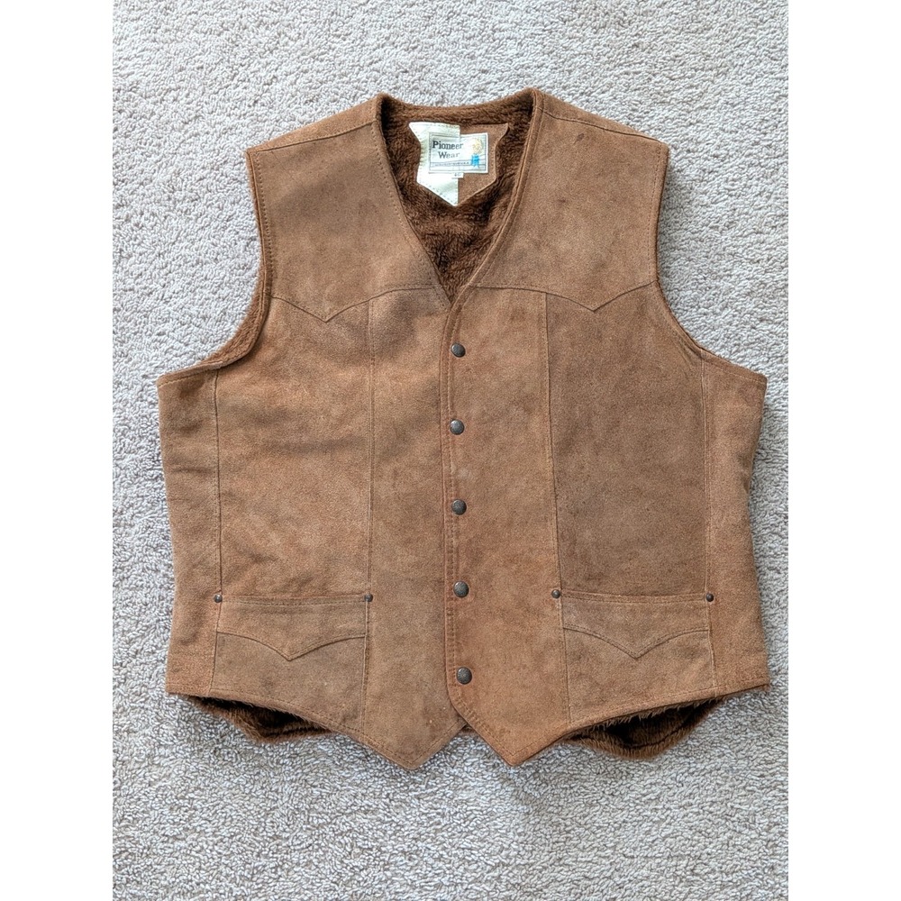 Vintage Pioneer Wear Leather Vest Mens Size 46 Fur Lined Brown Suede 70s 80s